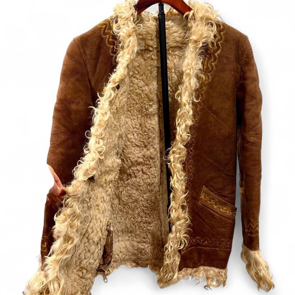Vintage 70s Boho Embroidered Sheepskin & Shearling Afghan Penny Lane Coat XS/S - Picture 6 of 8